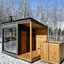 Large - sized outdoor traditional wooden sauna with a shower, suitable for use in the backyard of a villa