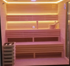 Outdoor square - shaped sauna. A Canadian fir/red cedar cube - shaped sauna equipped with two - layer benches and light strips.