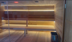 Custom - made high - end hand - crafted traditional fir outdoor cube - shaped sauna (accommodating 4 - 6 people), equipped with an electric sauna heater and a glass door