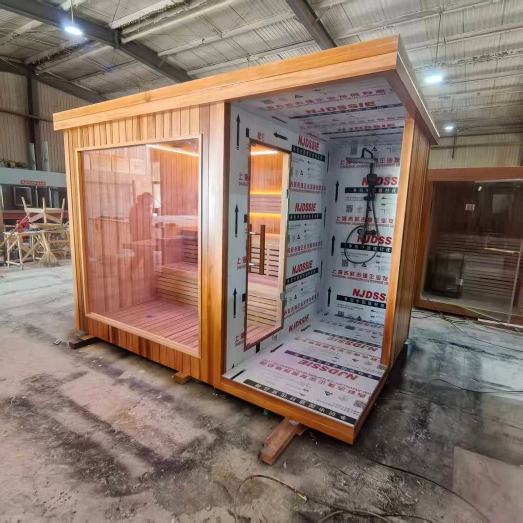 Outdoor luxury modern far - infrared sauna room, equipped with a shower room, waterproof. It is heated by an electric furnace with sauna stones and controlled by a control panel, suitable for use in the backyard garden.