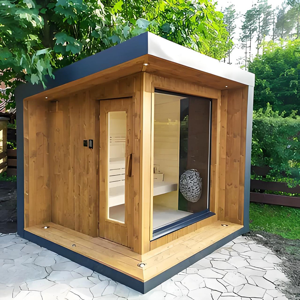Custom - made large - sized square steam sauna made of cedar for two people. It can be used as a garden sauna hut or an outdoor sauna.