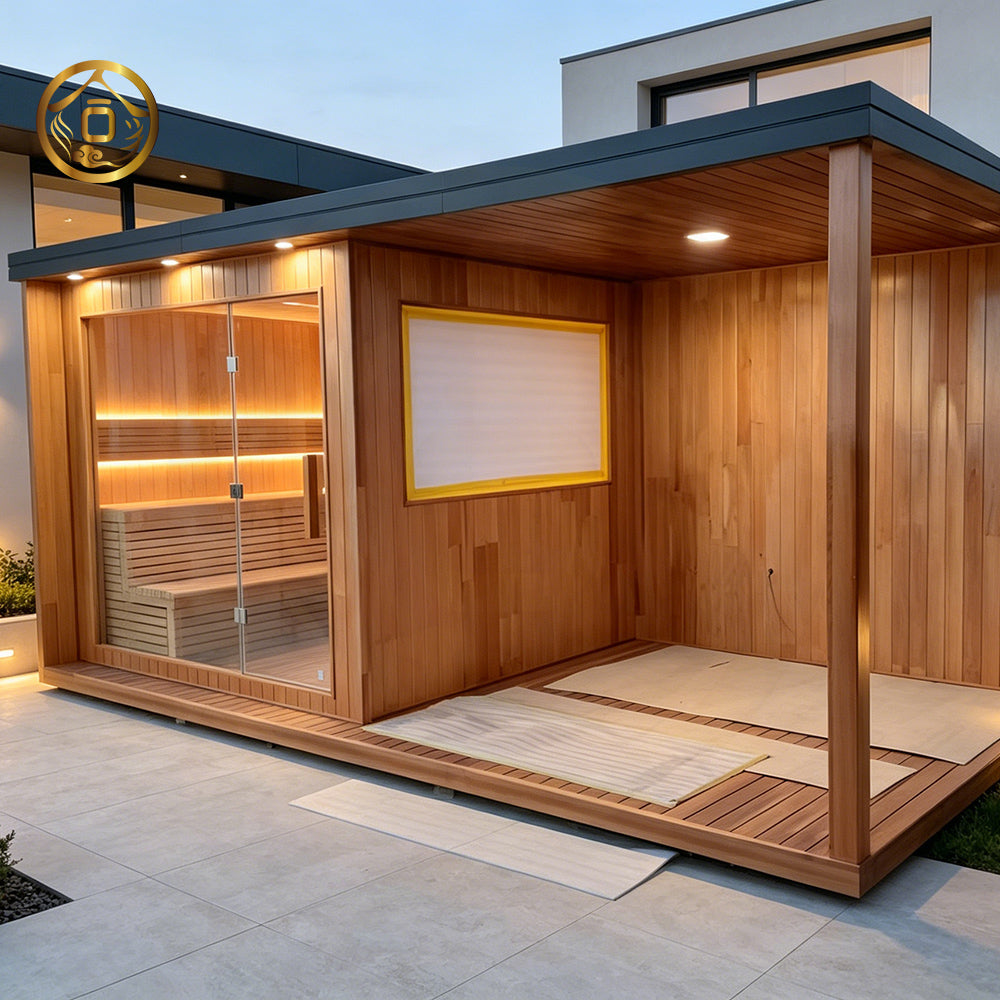 Custom - made rectangular integrated roof sauna. It is a waterproof dry - steaming house in the outdoor garden, heated by an electric furnace with sauna stones, and equipped with customized shower facilities.
