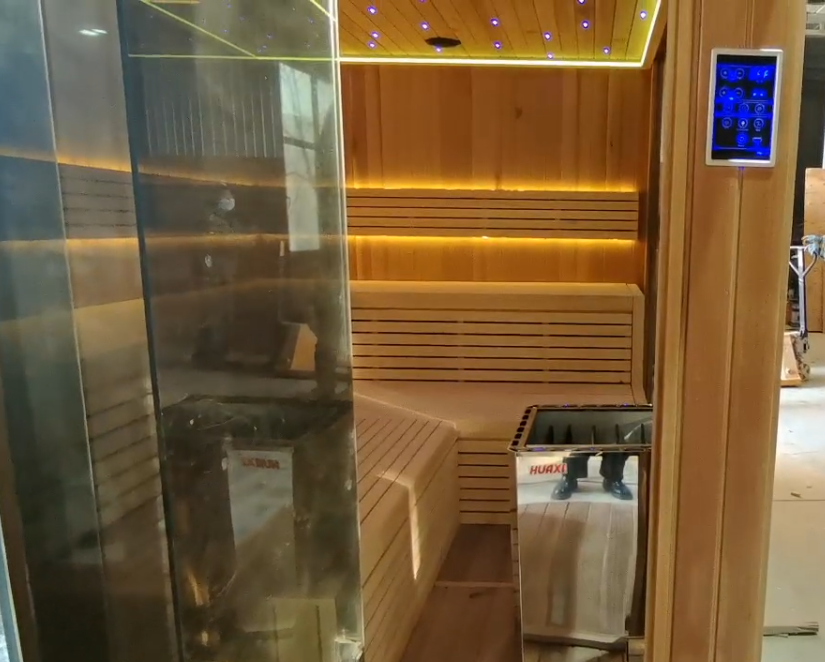 Long integrated wet-dry sauna with independent shower area, complete electric temperature control heating system, personalized layout customization for homestays and clubs, suitable for indoor and courtyard installation