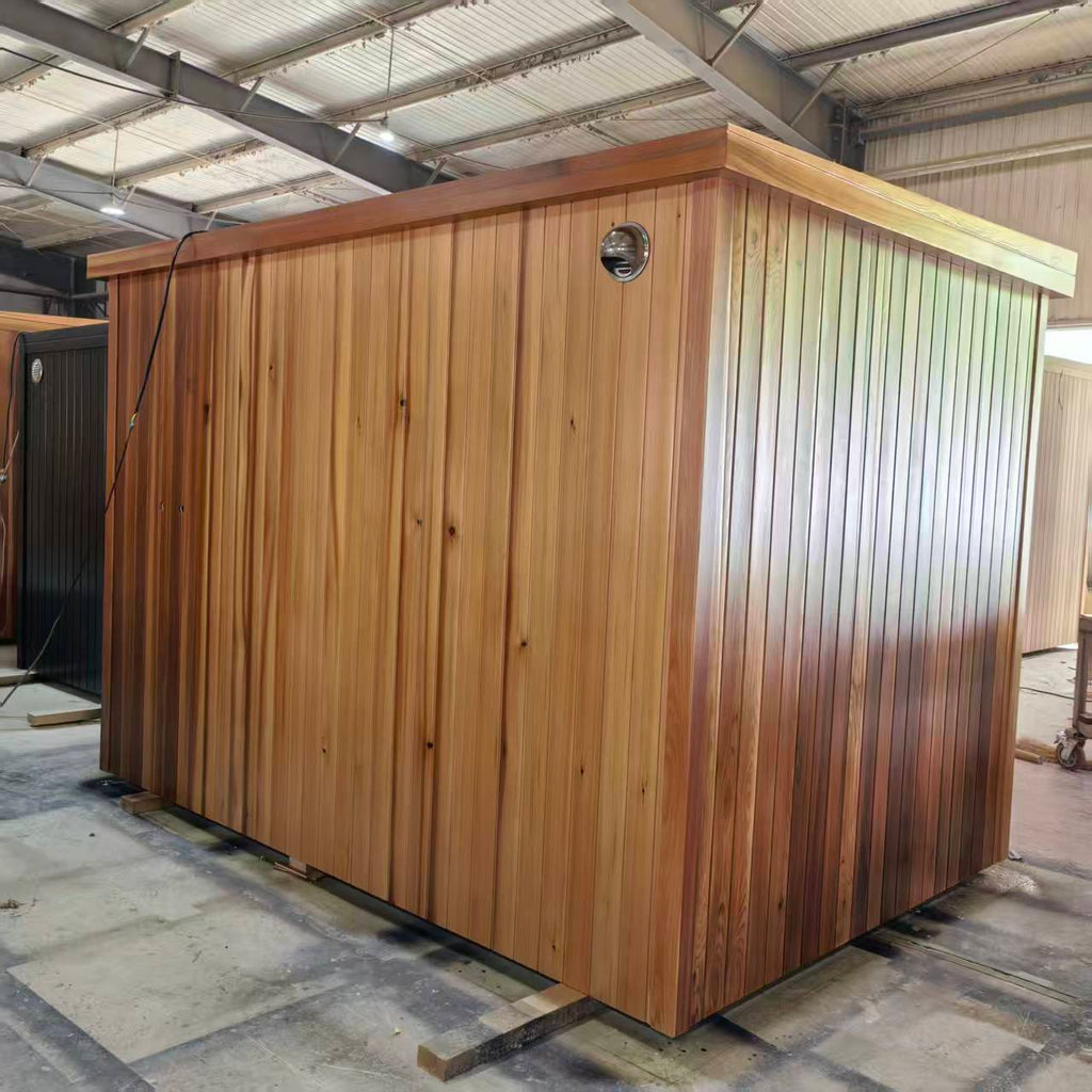 Outdoor luxury modern far - infrared sauna room, equipped with a shower room, waterproof. It is heated by an electric furnace with sauna stones and controlled by a control panel, suitable for use in the backyard garden.