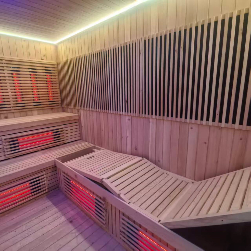 Square and integrated infrared - heating sauna room. It uses carbon - fiber far - infrared heating and can be customized for commercial use in villas and homestays with personalized features.