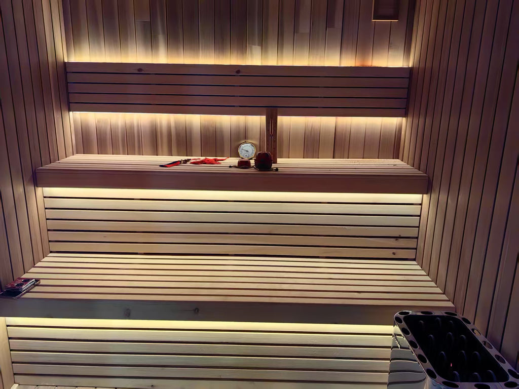 Custom - made square - shaped modern outdoor solid - wood water - cooled and electric - furnace - heated sauna for villa spas