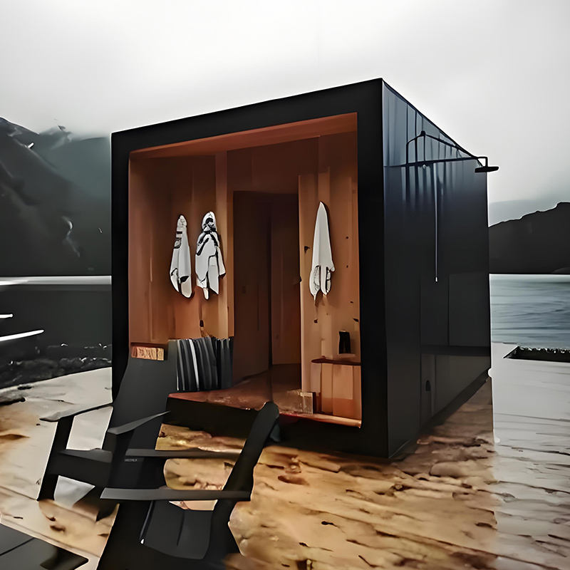 Custom - sized outdoor solid - wood steam sauna room in a traditional square style, ideal for relaxation in the garden