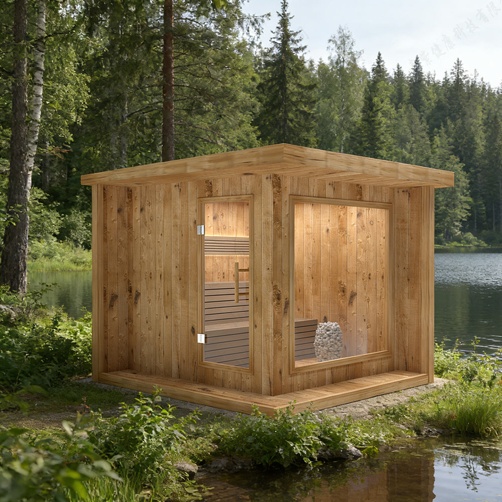 Best - selling product: A modern square - shaped traditional dry - type infrared Finnish square sauna room for 2 - 4 people. It is an outdoor sauna room made of cedar wood.