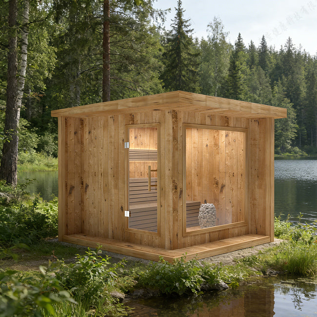 Best - selling product: A modern square - shaped traditional dry - type infrared Finnish square sauna room for 2 - 4 people. It is an outdoor sauna room made of cedar wood. Hover Image