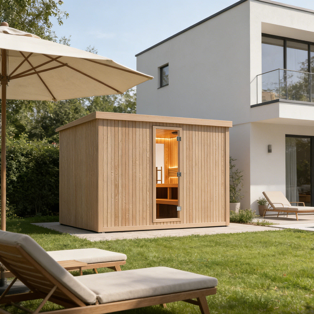 Custom - made sauna rooms in barrel or square shapes, suitable for both indoor and outdoor use, made of red cedar and equipped with shower rooms.