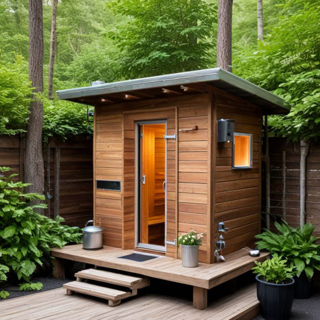 An outdoor square sauna with an ergonomic design that can accommodate 4 people. It is used for sauna rituals and health care, helping with detoxification and revitalization. Hover Image
