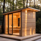 New - style Modular Square Modern Electric Outdoor Sauna. All - weather Durable Type. For 3 - person use. Made of red cedar with detachable benches. Features intelligent digital control.