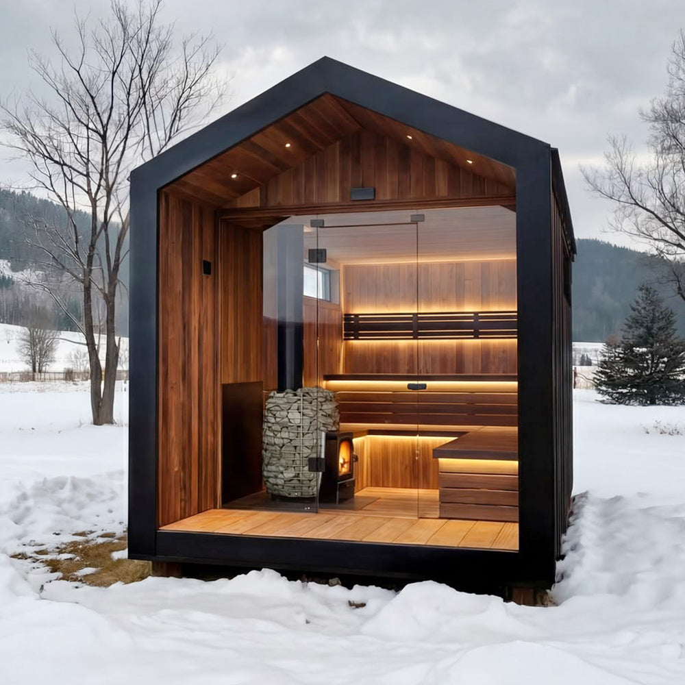 Custom - made modern - style solid - wood electric sauna with a pointed - roof design, suitable for villas.