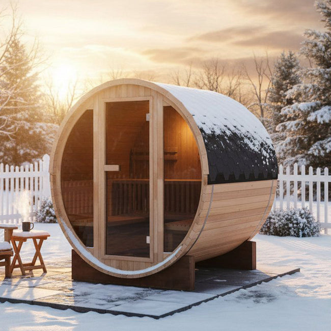 A modern, safe and durable outdoor barrel - shaped sauna made of redwood solid wood, suitable for villa households. Hover Image