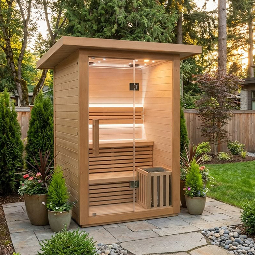 A luxurious steam sauna for family and business use. It's a traditional indoor sauna for 2 people made of hemlock wood.