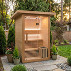 A luxurious steam sauna for family and business use. It's a traditional indoor sauna for 2 people made of hemlock wood.