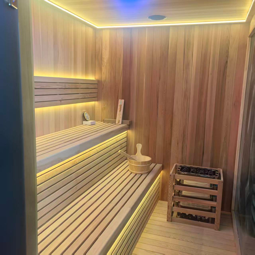 Multi - room zoned electric - furnace dry - steaming sauna house, equipped with an independent shower area and storage space. It can be custom - made for large - scale integration in courtyards and clubs as required.
