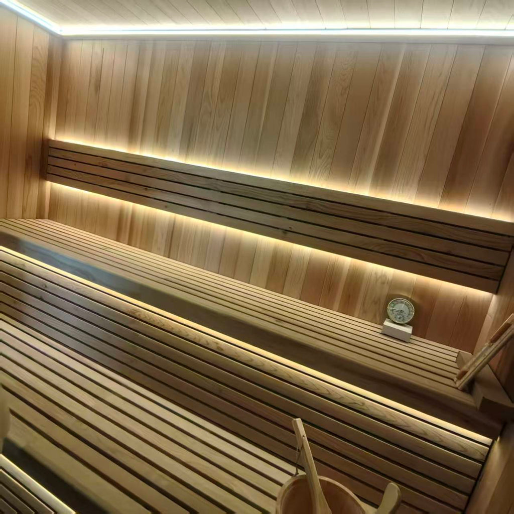 Multi - room zoned electric - furnace dry - steaming sauna house, equipped with an independent shower area and storage space. It can be custom - made for large - scale integration in courtyards and clubs as required.