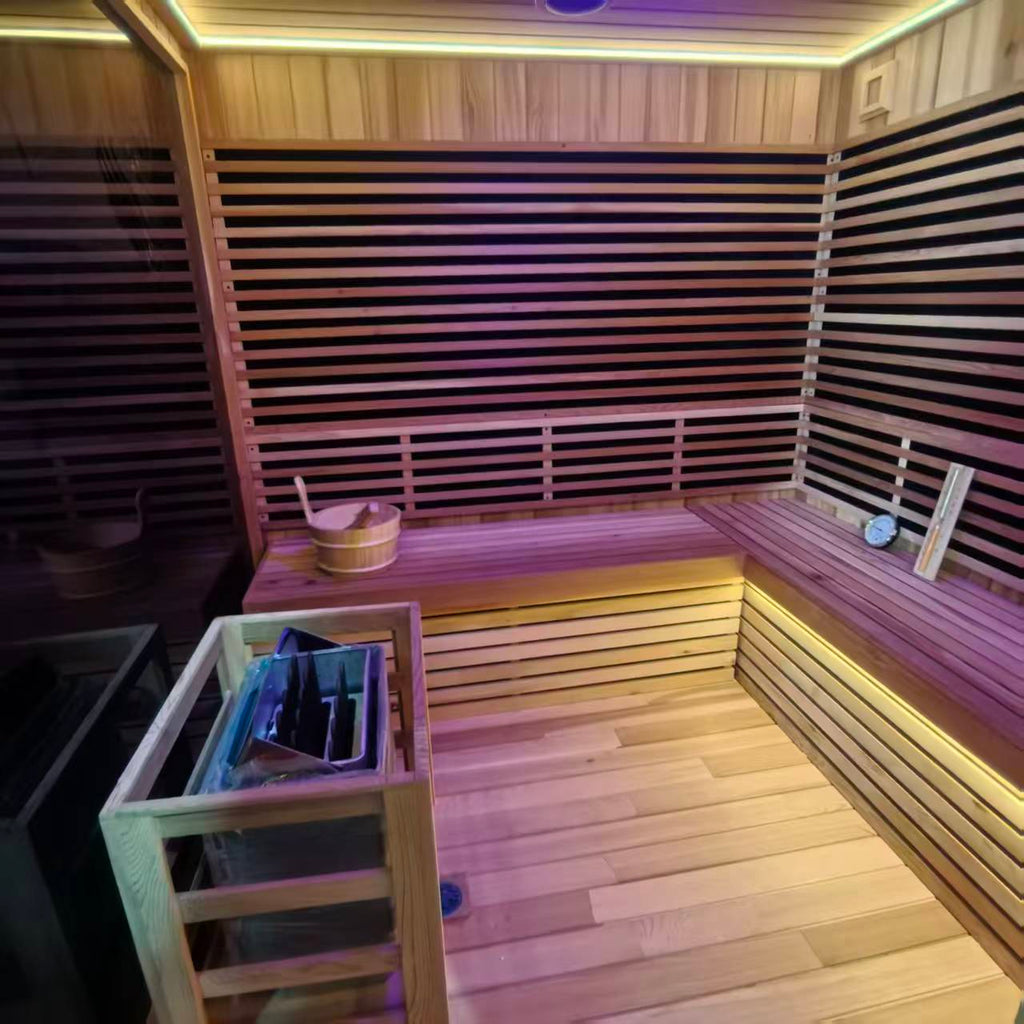 Outdoor courtyard square infrared sauna. An integrated sweat - steaming house in the open - air garden, which is waterproof and customizable in size.