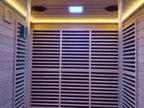 Modern square - shaped villa outdoor sauna made of dawn redwood, featuring full - spectrum infrared and red - light therapy, a digital control panel, and a steam indoor sauna function.