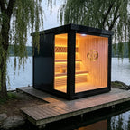 Custom - made 4 - person square - shaped sauna. It is made of Canadian hemlock wood, equipped with an electric furnace and sauna stones. A bathtub can be privately customized.