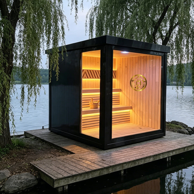 Custom - made 4 - person square - shaped sauna. It is made of Canadian hemlock wood, equipped with an electric furnace and sauna stones. A bathtub can be privately customized. Hover Image