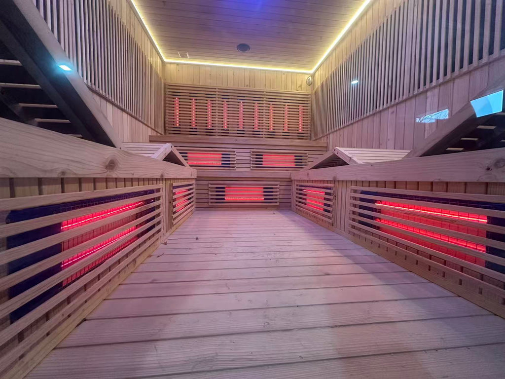 Square and integrated infrared - heating sauna room. It uses carbon - fiber far - infrared heating and can be customized for commercial use in villas and homestays with personalized features.