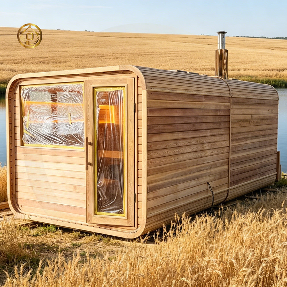 Customizable luxury square - shaped sauna. It is made of beech and red cedar, can accommodate 4 people, and is suitable for outdoor use.