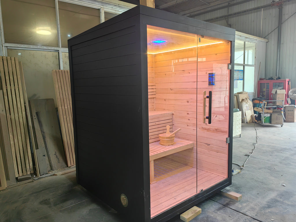 A modern indoor solid - wood sauna suite in a square - shaped room suitable for 2 - 4 people, equipped with an electric furnace and a control panel.