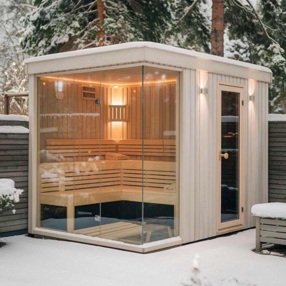 Popular Product: Outdoor Square Sauna. It's a cube - shaped sauna made of Canadian red cedar, with a glass door, and can accommodate 4 - 6 people.