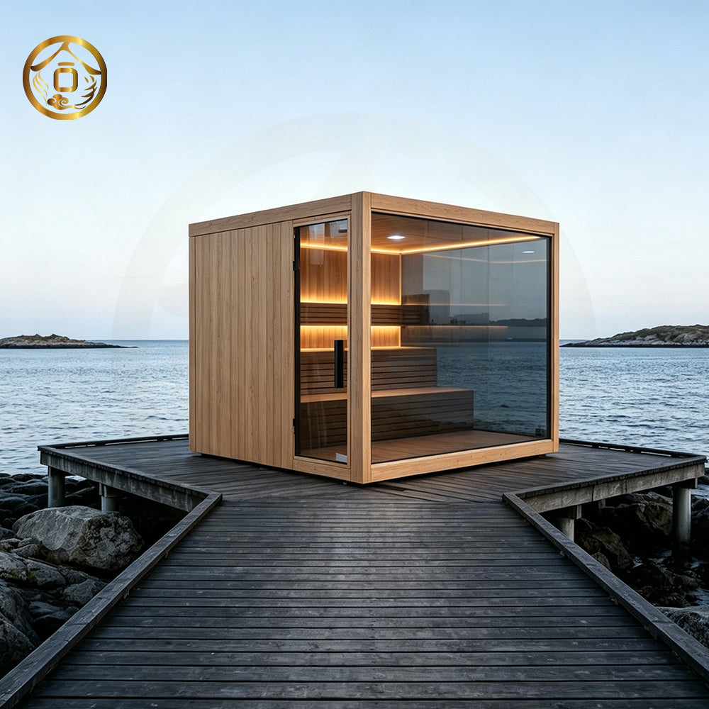 Luxurious 6 - person outdoor black square - shaped sauna. Made of spruce, in a cube shape, equipped with a 6KW heater and LED lights, suitable for use in an outdoor spa.