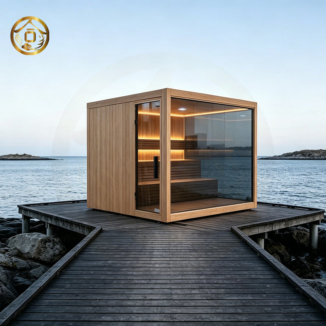 Luxurious 6 - person outdoor black square - shaped sauna. Made of spruce, in a cube shape, equipped with a 6KW heater and LED lights, suitable for use in an outdoor spa. Hover Image