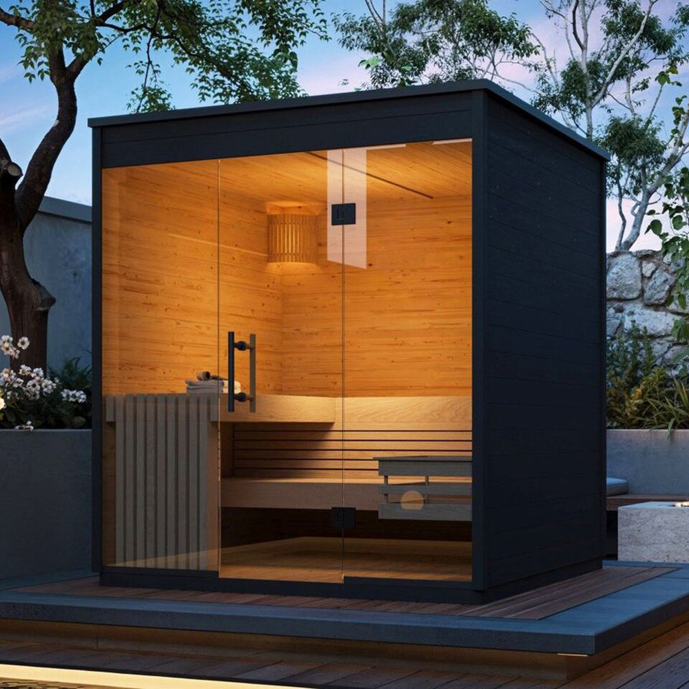 4 - person modern outdoor dry - steam sauna room. It features a square cube design and is made of red cedar, spruce, and hemlock. It is electrically powered.