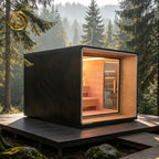 Outdoor square - shaped sauna. A Canadian fir/red cedar cube - shaped sauna equipped with two - layer benches and light strips.