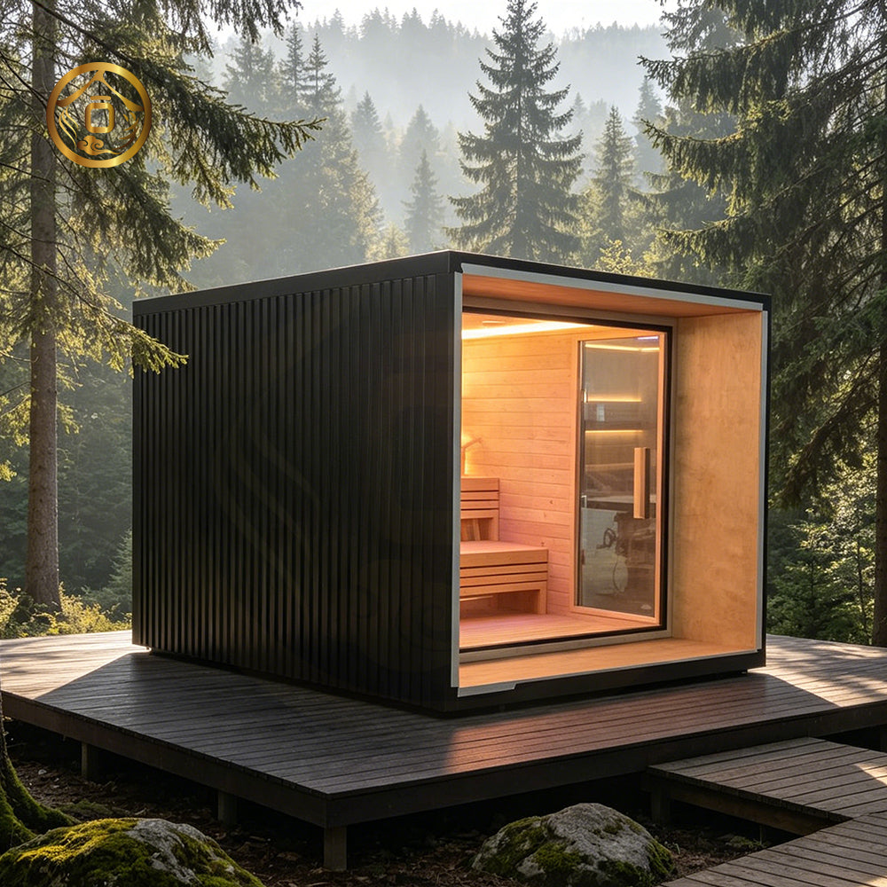Outdoor square - shaped sauna. A Canadian fir/red cedar cube - shaped sauna equipped with two - layer benches and light strips.