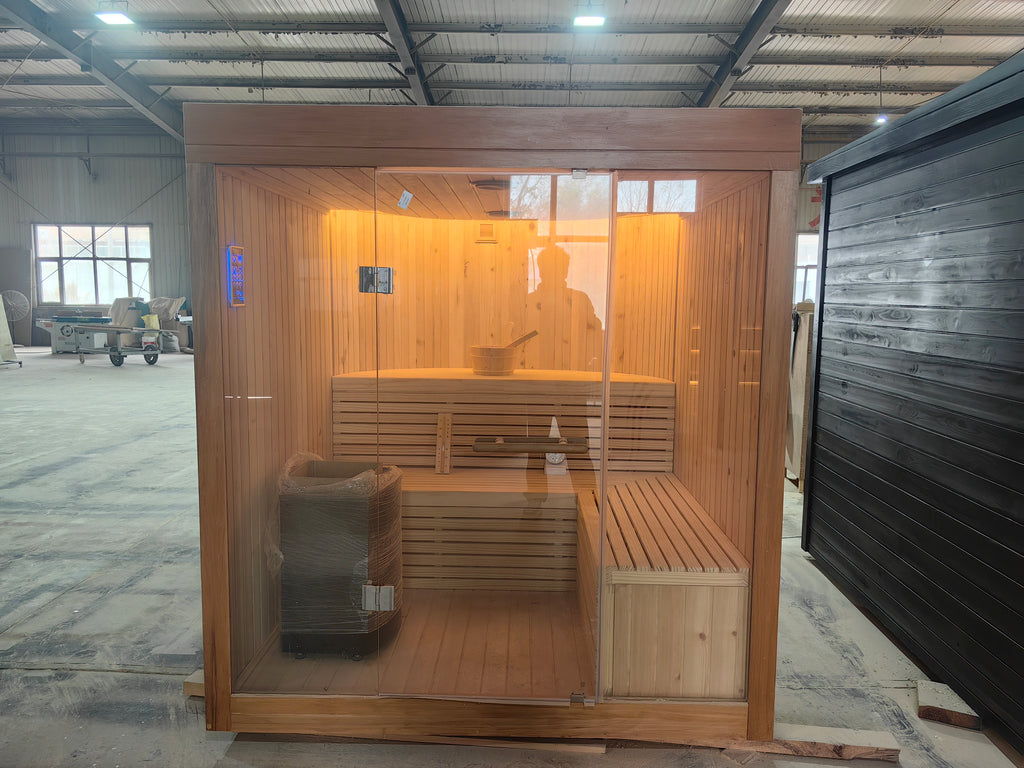 Modern electric solid - wood steam sauna for 4 - 5 people in an outdoor villa style. It has an electric furnace heating function and is suitable for use in gyms and for leisure purposes.