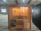 Modern electric solid - wood steam sauna for 4 - 5 people in an outdoor villa style. It has an electric furnace heating function and is suitable for use in gyms and for leisure purposes.