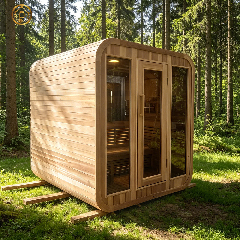 Custom - made high - end hand - crafted traditional outdoor cube - shaped sauna made of Chinese fir (accommodating 4 - 6 people), equipped with an electric sauna heater and a glass door.