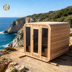 Custom - made high - end hand - crafted traditional outdoor cube - shaped sauna made of Chinese fir (accommodating 4 - 6 people), equipped with an electric sauna heater and a glass door.
