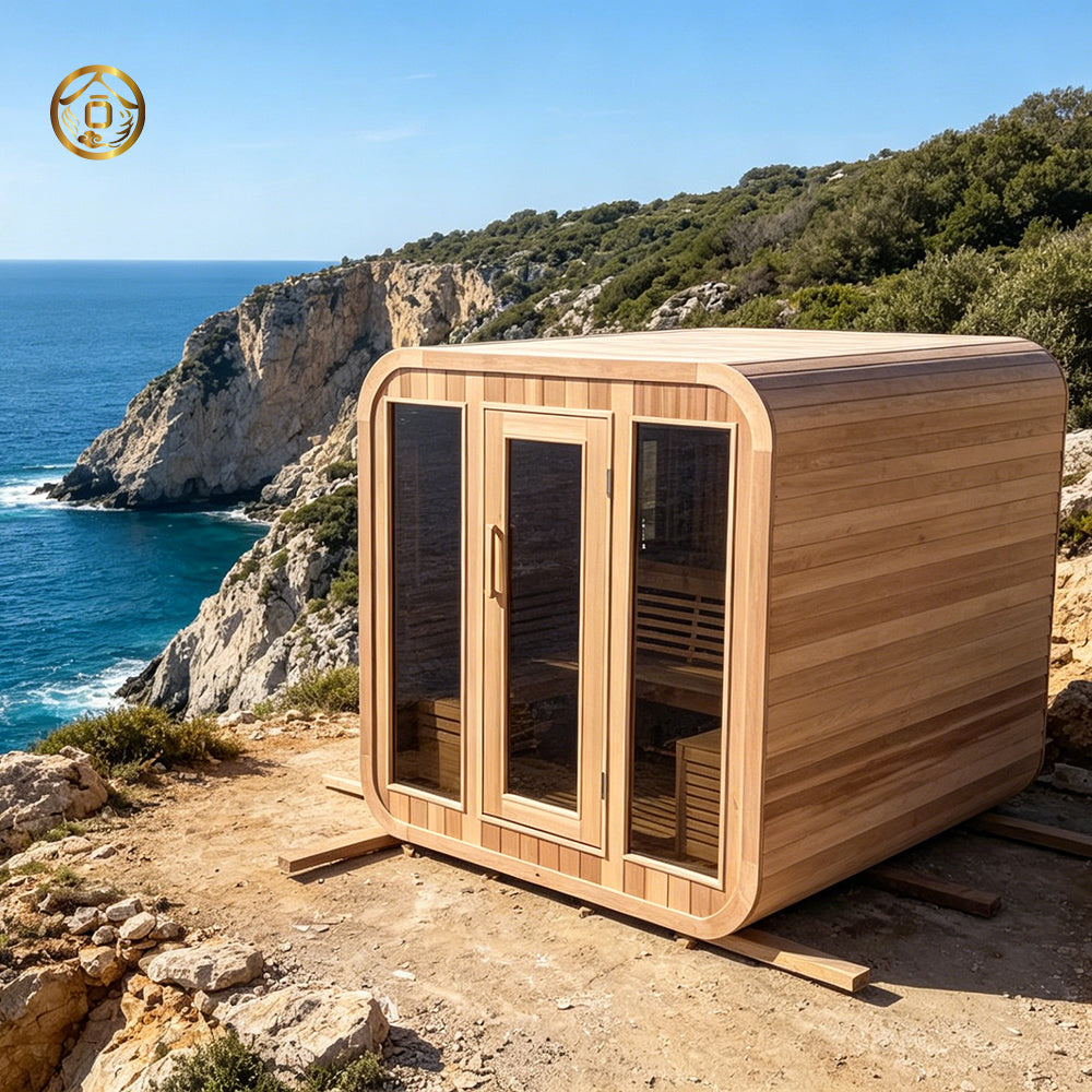 Custom - made high - end hand - crafted traditional outdoor cube - shaped sauna made of Chinese fir (accommodating 4 - 6 people), equipped with an electric sauna heater and a glass door.