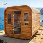 A stylish outdoor sauna cube with a wet - steam function, a computer control panel, made of western red cedar, suitable for 4 - 5 people.