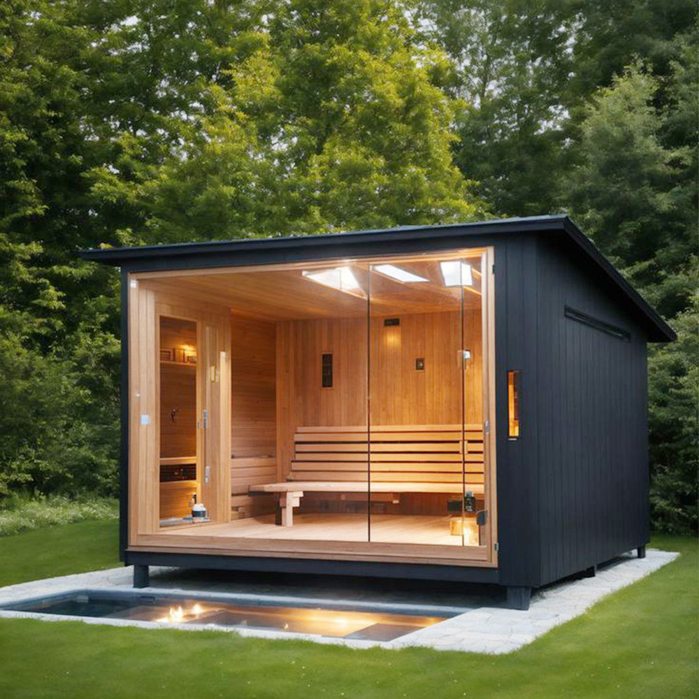 A luxurious and modern - designed outdoor traditional steam sauna, customized for large squares. It is made of solid wood, provides dry steam, and is suitable for 4 people to relax.