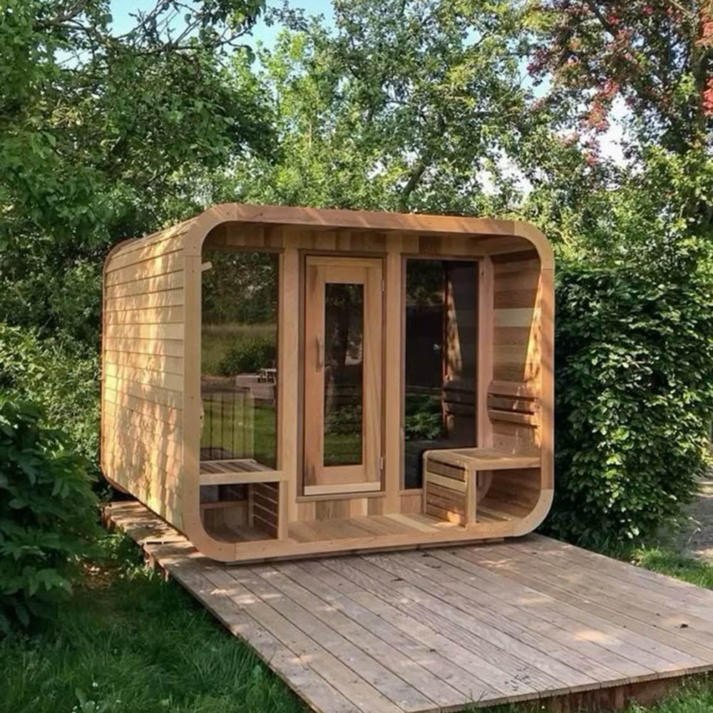 Custom - made cube - shaped sauna room for 4 - 6 people. Outdoor sauna bathroom made of Canadian hemlock wood, equipped with an electric furnace.