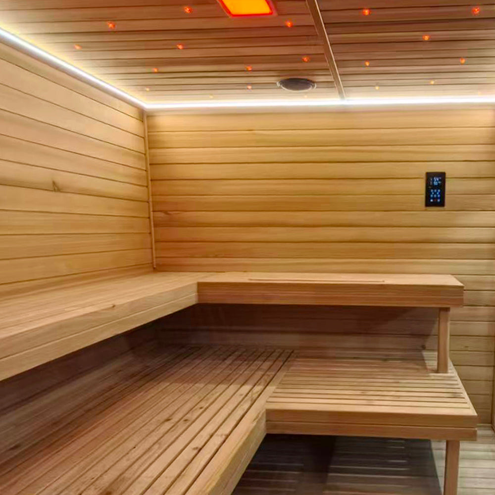 Brand - new design! A modern square - shaped outdoor cube - structured sauna with an electric furnace and steam function for 4 - 8 people. Made of red cedar solid wood, equipped with a computer control panel, and customizable.