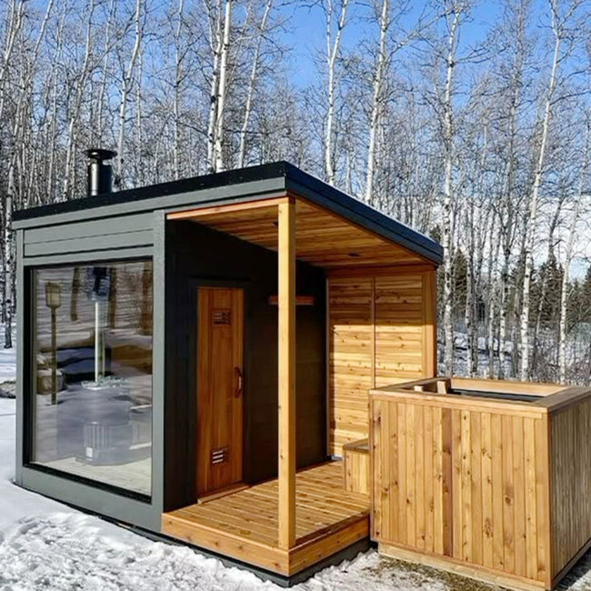 Wooden dry sauna and shower combination, outdoor sauna control system, sauna with external shower Hover Image