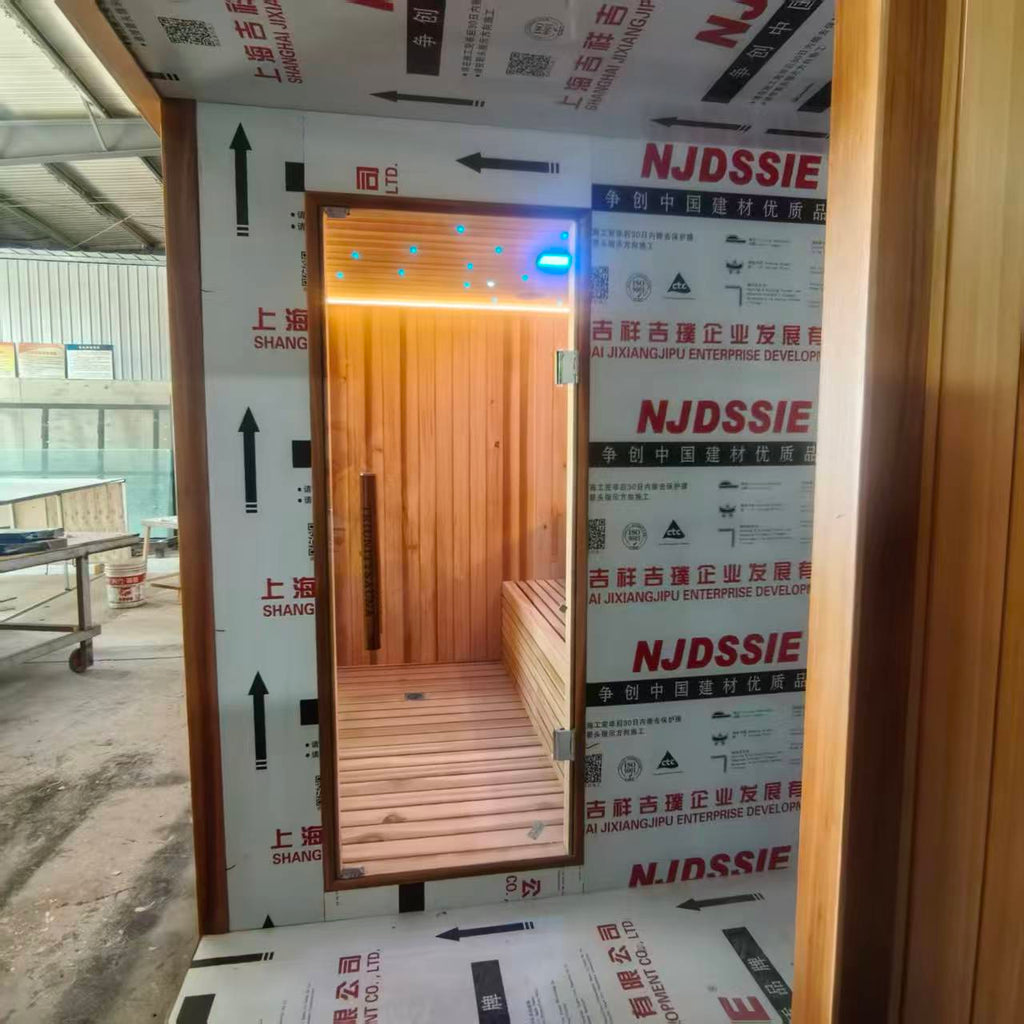 Outdoor luxury modern far - infrared sauna room, equipped with a shower room, waterproof. It is heated by an electric furnace with sauna stones and controlled by a control panel, suitable for use in the backyard garden.