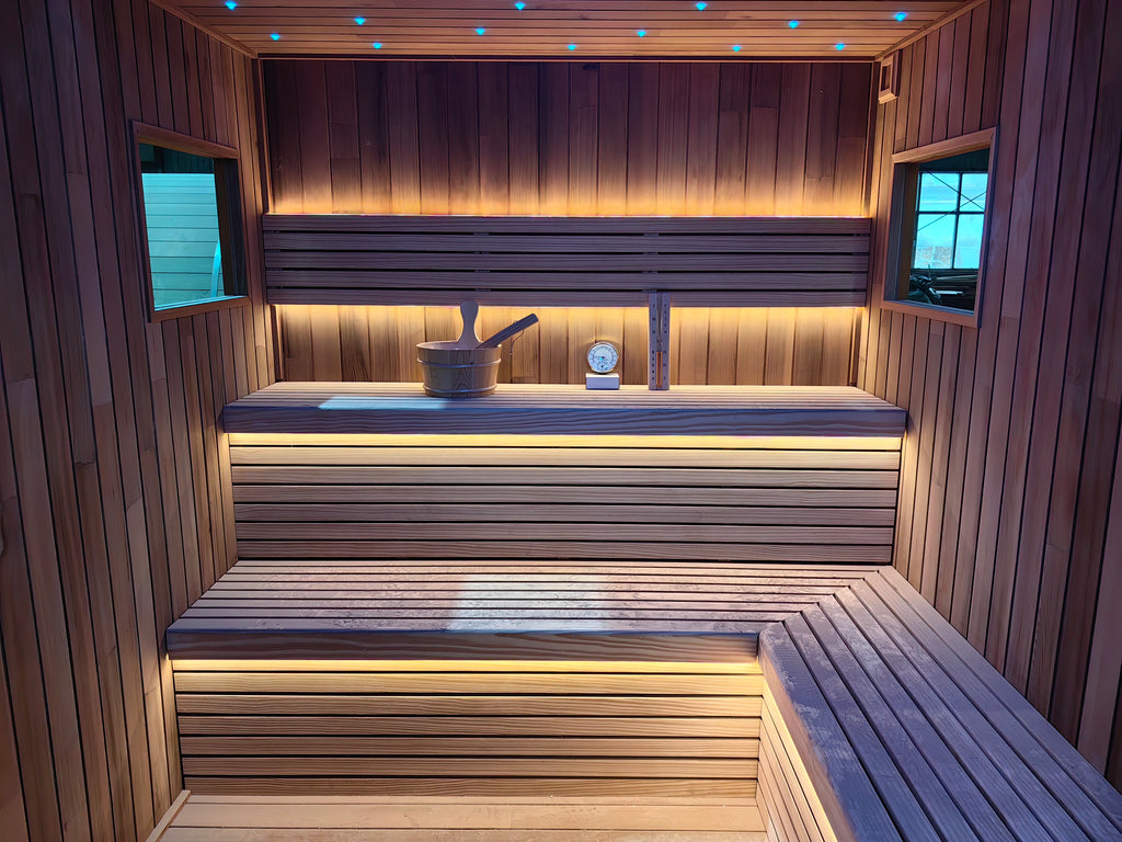 Custom - made modern - style solid - wood electric sauna with a pointed - roof design, suitable for villas.