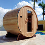 4 - 6 - person modern - designed outdoor sauna. It's a barrel - shaped traditional Finnish solid - cedar - wood steam sauna for home use.