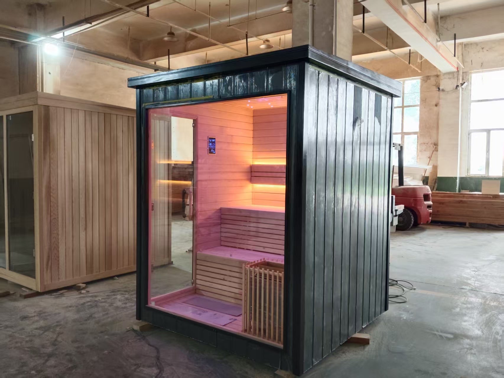Custom - made square - shaped modern outdoor solid - wood water - cooled and electric - furnace - heated sauna for villa spas