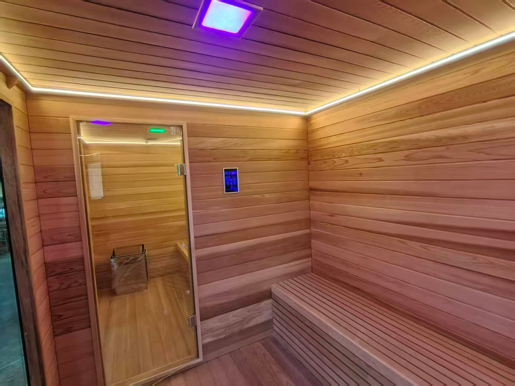 Large - scale outdoor traditional wooden sauna. A custom - made dry - heat garden sauna for 4 - 8 people, suitable for hotel spas.